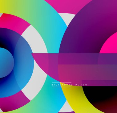 Soyut renkli daireler, dikdörtgenler üst üste biniyor. Canlı gradyanlar dinamik bileşim oluşturur. Arka planlar için modern tasarım ögesi.