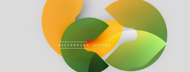 Soyut şekiller örtüşür, dinamik bileşim yaratır. Renkler turuncu, yeşil, sarı, beyaz. Arka planlar için modern tasarım ögesi.