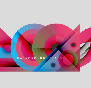 Soyut enerjik tasarım. Üst üste binen daireler, üçgenler dinamik bileşim oluşturur. Pembe, mavi renkler görsel alana hakim. Modern estetik.