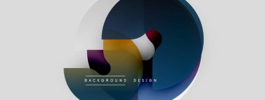 Soyut daireler çakışıyor, dinamik görsel etki yaratıyor. Mavi, gri, beyaz renkler kompozisyona hakim. Minimalist tasarım unsurları.