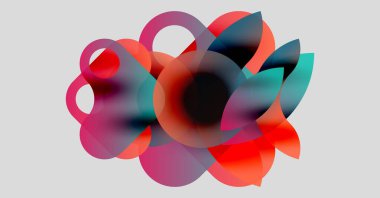 Soyut kompozisyon. Üst üste binen şeffaf daireler canlı renk karışımları yaratarak nötr arkaplan üzerinde organik şekiller oluşturur. Modern tasarım.