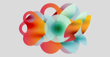 Soyut kompozisyon. Üst üste binen renkli şekiller dinamik görsel efekt yaratır. Yumuşak eğimler, akışkan formlar, modern tasarım.