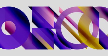 Soyut şekiller örtüşüyor, parlak mor renkler yaratıyor, sarı renkler. Modern tasarım, temiz çizgiler, minimalist estetik. Kalın renkler kompozisyona hakim.