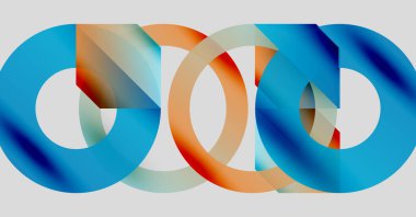 Soyut tasarım özellikleri üst üste binen renkli döngüler. Mavi, turuncu renkler dinamik görsel efekt yaratır. Modern, minimalist kompozisyon.