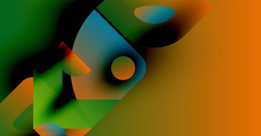 Soyut şekiller canlı renkleri harmanlarlar. Yeşil, turuncu, mavi renkler dinamik kompozisyon oluşturur. Yumuşak eğimler hareketi, derinliği gösterir.