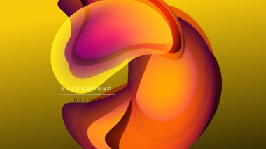 Soyut sıvı şekilleri örtüşür, canlı turuncu, sarı ve morumsu renkler yaratır. Arkaplan koyu, tasarım metin ögeleri içerir.