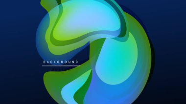 Soyut sıvı şekilleri örtüşür, canlı gradyanlar yaratır. Mavi, yeşil, sarı renkler koyu arkaplana hakim. Modern tasarım ögesi.
