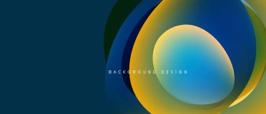 Soyut katmanlı daireler, canlı maviler, sarılar modern tasarım yaratır. Metin arka plan tasarımı okur. Minimalist estetik, pürüzsüz gradyanlar mevcut.