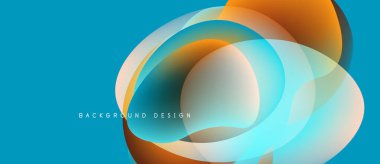 Soyut tasarım özellikleri üst üste binen daireler, canlı renkler. Mavi arka plan turuncu ve beyaz elementleri tamamlıyor. Modern, dinamik kompozisyon.