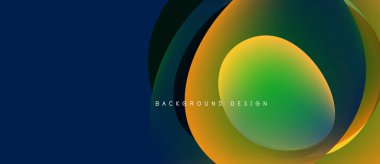 Soyut tasarım, canlı örtüşen daireler içerir. Renkler maviden yeşile, sarıya, turuncuya dönüşüyor. Modern estetik.