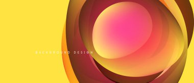 Soyut katmanlar canlı dairesel tasarım yaratır. Sarı arka plan turuncu ve pembe renkleri tamamlıyor. Modern, dinamik görsel element.