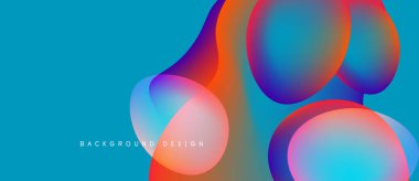 Soyut sıvı şekilleri örtüşür, canlı renkler harmanlanır. Mavi arka plan turuncu ve mor renkleri tamamlıyor. Modern tasarım ögesi.