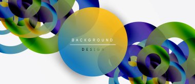 Soyut renkli şekiller örtüşür, dinamik görsel efekt yaratır. Modern tasarım elementleri yaratıcılığı, yeniliği önerir. Parlak renkler kompozisyona hakim.