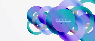 Soyut daireler örtüşüyor, parlak mavi ve mor renkler yaratıyor. Beyaz alan temiz kontrast sağlıyor. Modern tasarım ögesi.