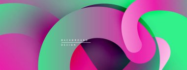 Soyut sıvı şekilleri örtüşür, canlı gradyanlar yaratır. Pembe, mor, yeşil renkler düzgün bir şekilde harmanlanır. Modern tasarım ögesi.