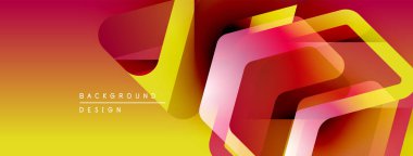 Soyut geometrik şekiller örtüşüyor, canlı renk eğimleri yaratıyor. Sarı, turuncu, kırmızı renkler tasarımda baskın. Modern estetik.