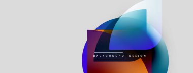 Soyut renkli şekiller örtüşür, dinamik görsel efekt yaratır. Arkaplan grafikleri, metin elemanları, modern tasarım estetiği.