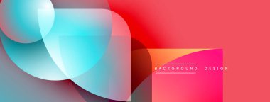 Soyut geometrik şekiller örtüşüyor, canlı renk eğimleri yaratıyor. Kırmızı, mavi renkler tasarıma egemen, modern estetik.