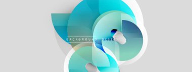 Soyut şekiller örtüşür, dinamik bileşim yaratır. Mavi, turkuaz renkler açık gri arkaplana hakim. Modern tasarım ögesi.