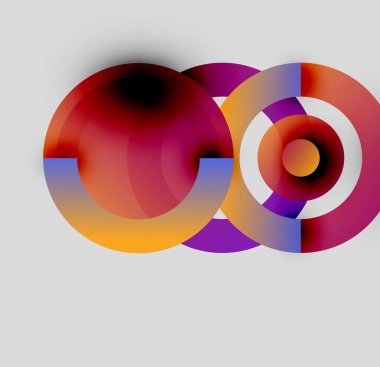 Soyut daireler örtüşüyor, canlı renk eğimleri yaratıyor. Kırmızı, turuncu, mor, mavi renkler kusursuz bir şekilde harmanlanır. Modern tasarım, basit kompozisyon.