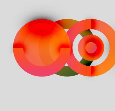 Soyut daireler örtüşüyor, canlı renk eğimleri yaratıyor. Kırmızı, turuncu, yeşil renkler tarafsız arkaplanda baskın. Modern tasarım ögesi.