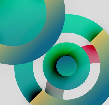 Soyut kompozisyon. Üst üste binen daireler dinamik görsel efekt yaratır. Değişik renkler harmanlanarak modern tasarımı oluşturuyor. Minimalist estetik.