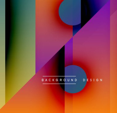 Soyut geometrik bileşim. Titreşimli eğimler karışıyor, üçgenler, dikdörtgenler, daireler oluşturuyor. Modern tasarım elementleri görsel ilgi yaratır.