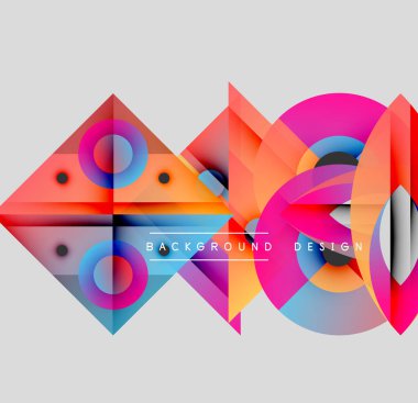 Soyut geometrik bileşim. Canlı renkler örtüşüyor, dinamik görsel etki yaratıyor. Modern tasarım elementleri cesur şekiller, gradyanlar sunar.