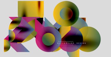 Soyut geometrik şekiller örtüşür, canlı renk karışımları yaratır. Tasarım daireler, üçgenler, dikdörtgenler, gradyanlar. Modern estetik.