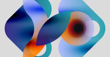 Soyut şekiller örtüşür, canlı renk karışımları yaratır. Maviler, portakallar, morlar kompozisyona hakim. Yumuşak eğimler akıcılık ve derinliği gösterir..