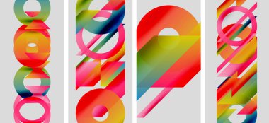 Soyut sanat eserleri üst üste binen renkli daireler, kareler içerir. Modern tasarım, canlı renkler, geometrik şekiller kompozisyona hakim..