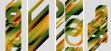 Soyut geometrik bileşim. Dört panelde katmanlı şekiller, gradyanlar ve sıcak tonlarda hakimiyet var. Modern tasarım, minimalist estetik.