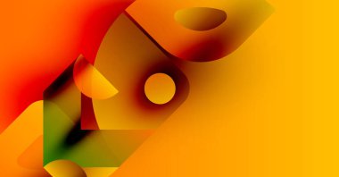 Soyut kompozisyon. Sıcak renkler baskın, üst üste binen şekiller, gradyanlar, kıvrımlar, artı dinamik görsel enerji. Parlak, modern tasarım.