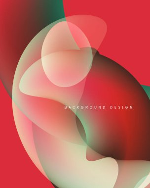 Soyut sıvı şekilleri örtüşür, canlı renk karışımları yaratır. Kırmızı, yeşil, bej renklerle arka plana hükmediyor. Modern tasarım ögesi.