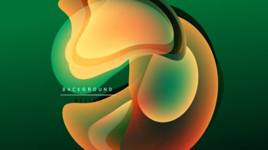 Soyut sıvı şekilleri örtüşür ve canlı renk değişimleri yaratır. Tasarım koyu arkaplana karşı metin ögeleri içerir.