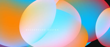 Soyut renkli çemberler çakışıyor, canlı gradyanlar yaratıyor. Tasarım turuncu, mavi ve pembe renklere sahiptir. Modern arkaplan ögesi.