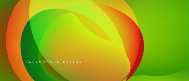 Soyut enerjik tasarım. Üst üste binen renkli şekiller dinamik akış yaratır. Yeşil, sarı, turuncu, kırmızı renkler kompozisyona hakim. Modern estetik.