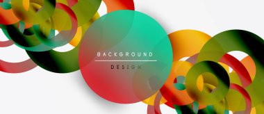 Soyut renkli daireler beyaz uzayla örtüşüyor. Modern tasarım elementleri dinamik görsel doku oluşturur. Parlak renkler canlı estetik sunar.