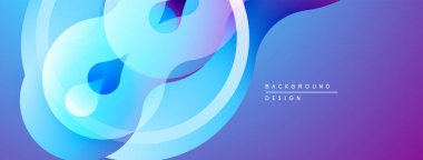 Soyut sıvı şekilleri, canlı maviler, morlar dinamik bir zemin oluşturur. Yumuşak eğimler hareketi, derinliği gösterir. Modern tasarım ögesi.