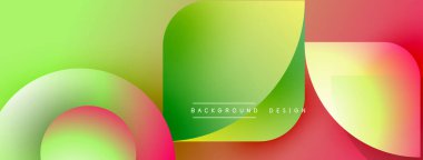 Soyut gradyanlar yeşil, sarı, kırmızı renkleri harmanlarlar. Üst üste binen şekiller dinamik görsel akış yaratır. Arka planlar için modern tasarım ögesi.