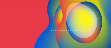 Soyut canlı tasarım, üst üste binen renkli daireler. Kırmızı sol tarafı kaplar, gradyanlar sarı ve mavi renklere karışır. Modern estetik.