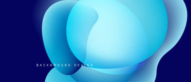 Soyut sıvı şekiller, canlı mavi renkler, modern tasarım. Gradyan katmanlar derinlik, pürüzsüz geçişler ve dinamik bileşim yaratır. Arkaplan teknoloji ve yenilik öneriyor.