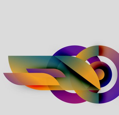 Soyut tasarım özellikleri üst üste binen renkli şekiller. Eğriler, çizgiler gri arka planda dinamik bileşim oluşturur. Modern, enerjik.