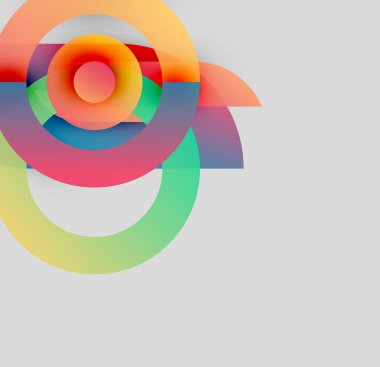 Soyut renkli daireler çakışıyor, dinamik görsel efekt yaratıyor. Gradyan renkler harmanlanarak modern kompozisyonu oluşturur. Açık gri arkaplan karşıtlık sağlar.