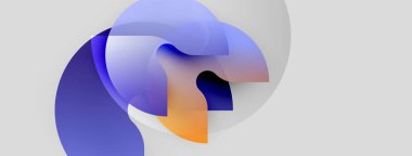 Soyut sıvı şekilleri örtüşür ve yumuşak eğimler yaratır. Mavi, mor, turuncu renkler nötr arka plana hakim. Modern tasarım ögesi.