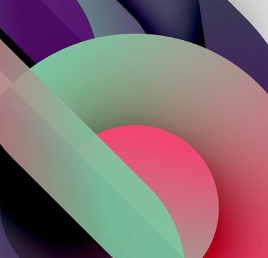 Soyut kompozisyon. Üstüste binen yarı saydam şekiller canlı renk karışımları yaratır. Yumuşak eğimler derinlik ve biçim öneriyor. Minimalist tasarım.