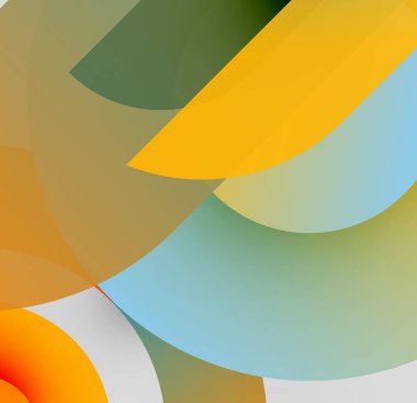 Soyut şekiller örtüşür, yumuşak eğimler yaratır. Renkler arasında turuncu, sarı, mavi, yeşil, kahverengi yer alıyor. Minimalist tasarım, modern estetik.