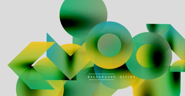 Soyut geometrik şekiller çakışıyor. Yeşil, sarı renkler tasarıma hakim. Modern estetik, temiz arkaplan karşıtlık sağlar.