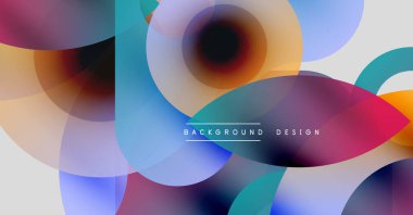 Soyut renkli katmanlar örtüşüyor. Daireler, kıvrımlar dinamik görsel efektler yaratır. Arkaplan tasarımı canlı renkler, pürüzsüz eğimler içerir.