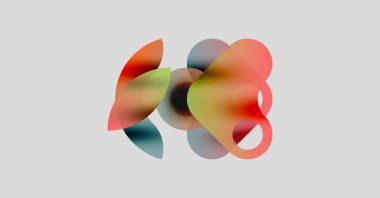 Soyut şekiller örtüşür, yumuşak renk karışımları yaratır. Sıcak tonlarla açık arkaplanda serin renkler karışıyor. Minimalist tasarım.